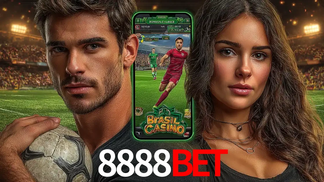 Homem segurando uma bola de futebol e uma mulher ao lado de um smartphone exibindo o jogo de apostas esportivas da 8888BET. Faça seu palpite no cassino online.